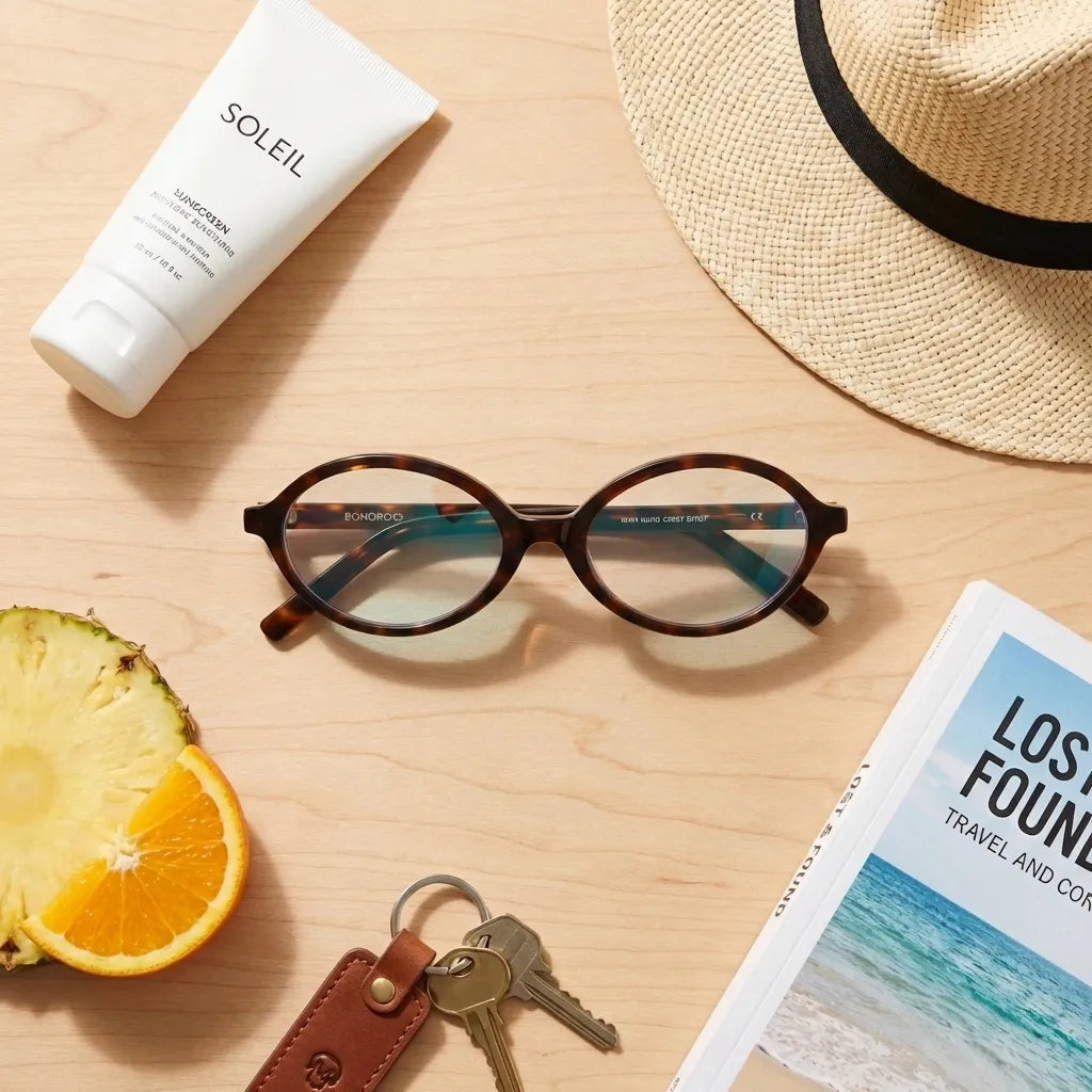 Lentes opticos Guapi Carey flat lay accesorios esenciales verano antirreflex receta optica bio-acetato Bonoboss #editorial_summer-essentials #color_carey