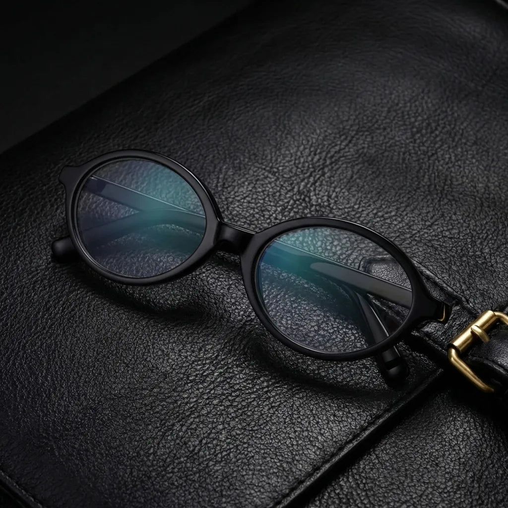 Lentes opticos Guapi Island Negro sobre cuero negro con detalle brass dorado antirreflex receta optica bio-acetato Bonoboss #editorial_cuero-brass #color_negro
