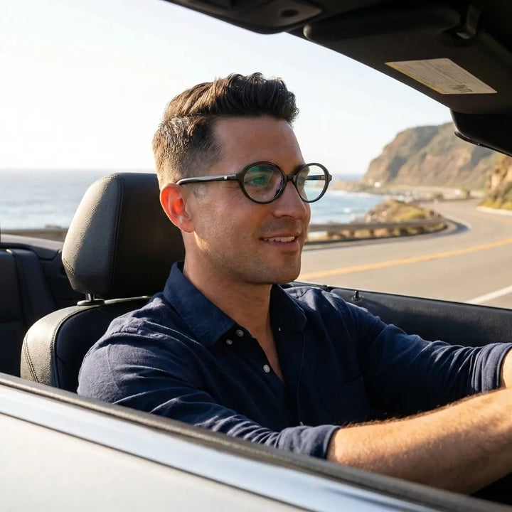 Lentes opticos Guapi Island Negro hombre conduciendo proteccion visual antirreflex receta optica bio-acetato Bonoboss #editorial_hombre-driving #color_negro