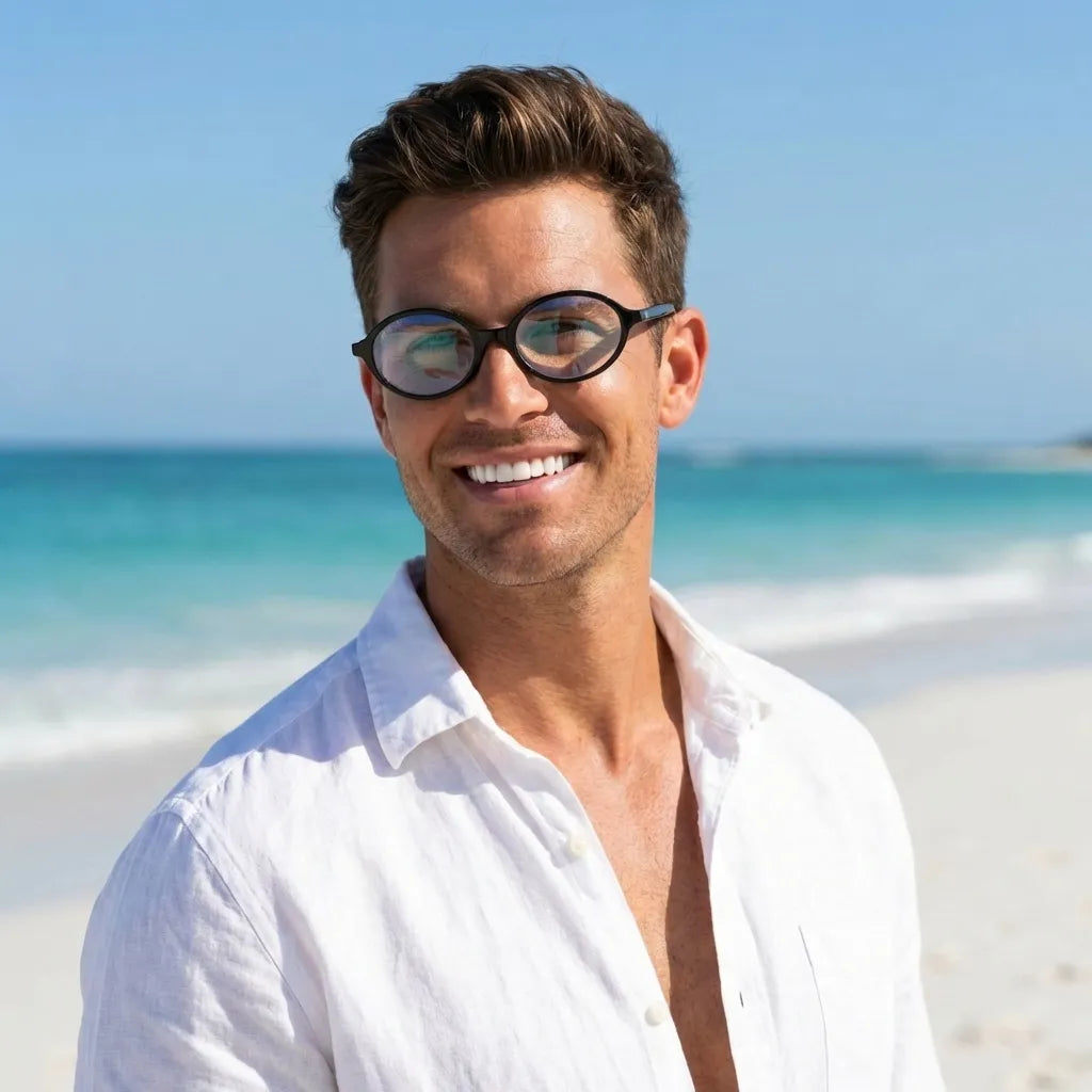 Lentes opticos Guapi Island Negro hombre en playa oceano estilo costero antirreflex receta optica bio-acetato Bonoboss #editorial_hombre-playa #color_negro
