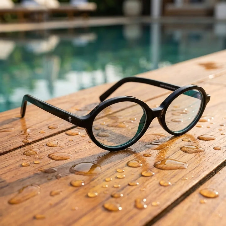 Lentes opticos Guapi Island Negro sobre madera teca con gotas de agua antirreflex receta optica bio-acetato Bonoboss #editorial_teca-agua #color_negro