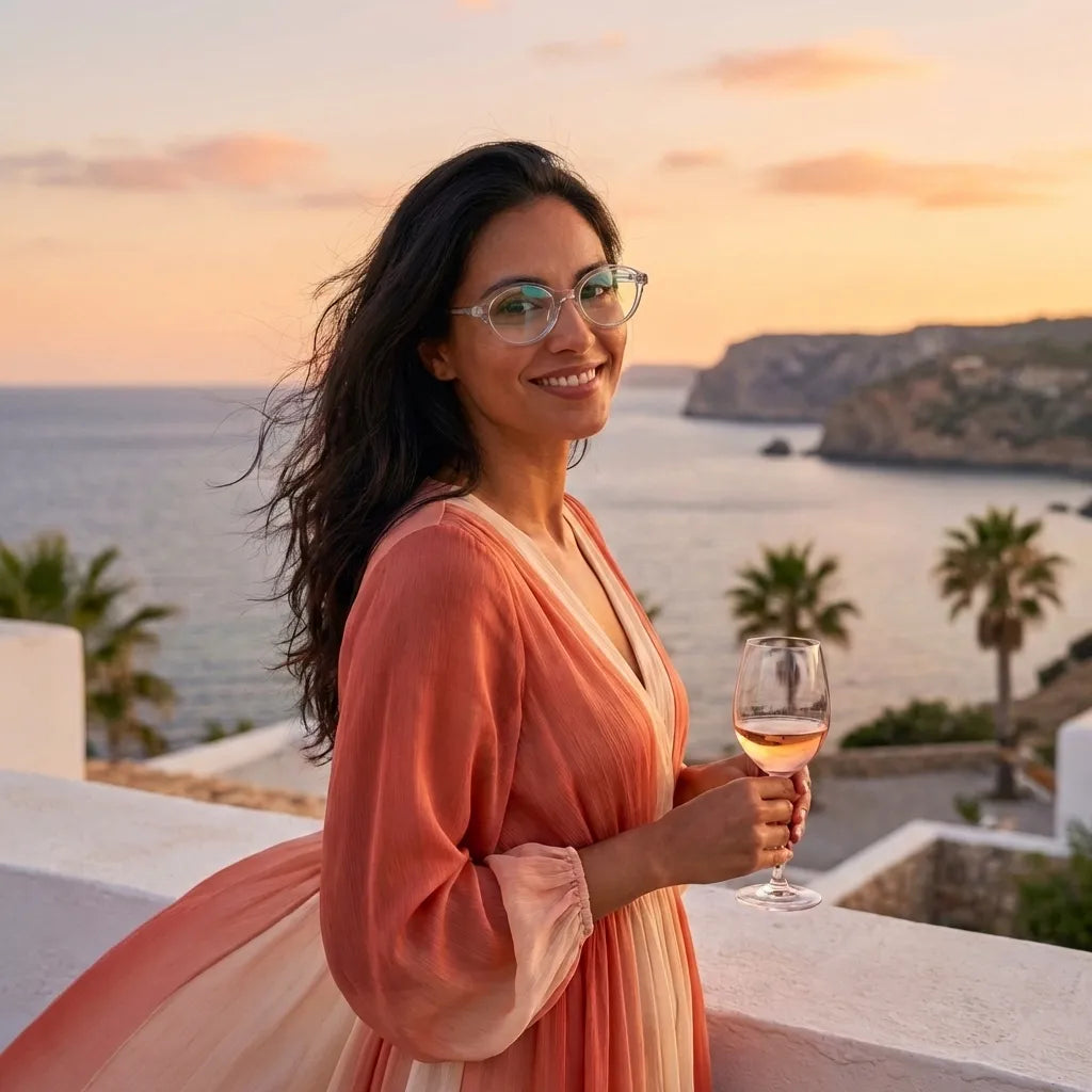 Lentes opticos Guapi Transparente mujer en playa arena oceano antirreflex receta optica bio-acetato Bonoboss #editorial_mujer-playa #color_transparente