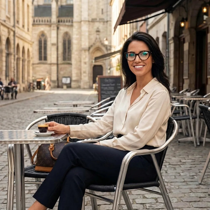 Mujer real usando Hannover armazones ópticos acabado carey #color_carey