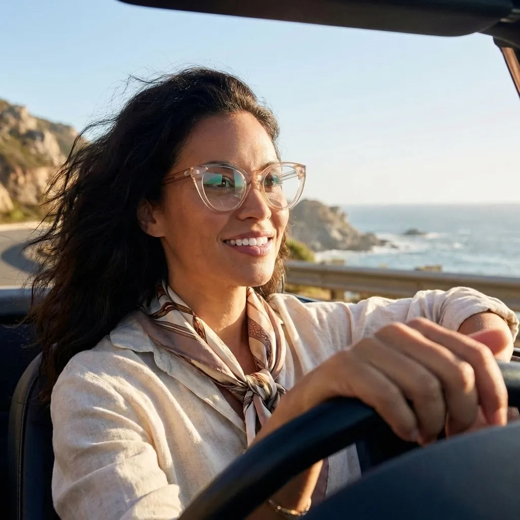 Lentes opticos Hannover Champagne mujer conduciendo proteccion visual antirreflex receta optica bio-acetato Bonoboss #editorial_mujer-driving #color_champagne