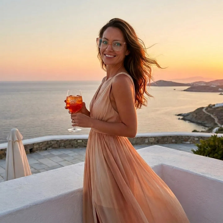 Lentes opticos Hannover Champagne mujer en playa arena oceano antirreflex receta optica bio-acetato Bonoboss #editorial_mujer-playa #color_champagne
