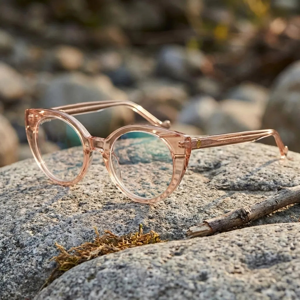 Lentes opticos Hannover Champagne sobre piedra patagonica natural antirreflex receta optica bio-acetato Bonoboss #editorial_patagonica #color_champagne