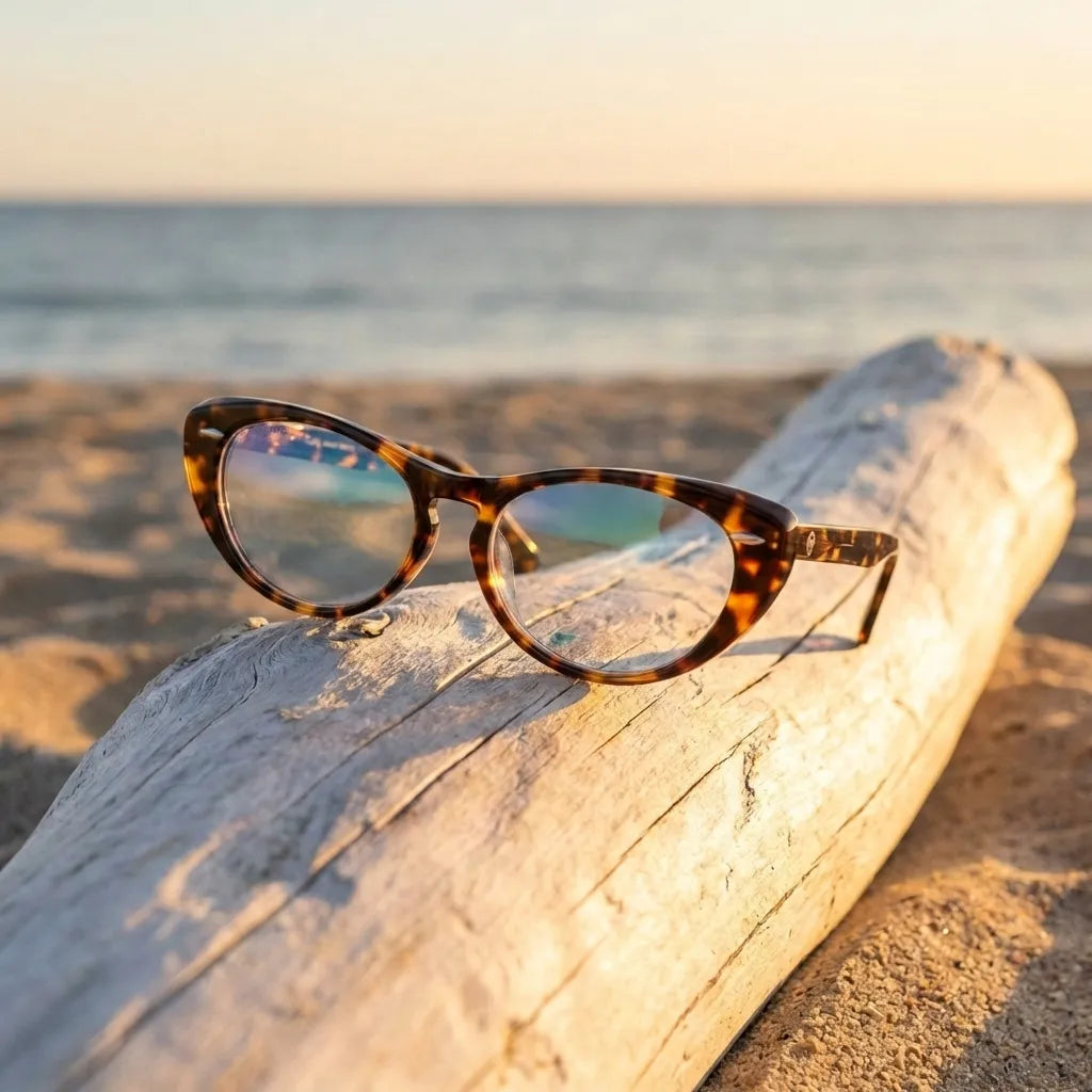 Lentes opticos Havana Carey sobre driftwood dorado reflejo costero antirreflex receta optica bio-acetato Bonoboss #editorial_driftwood-golden #color_carey