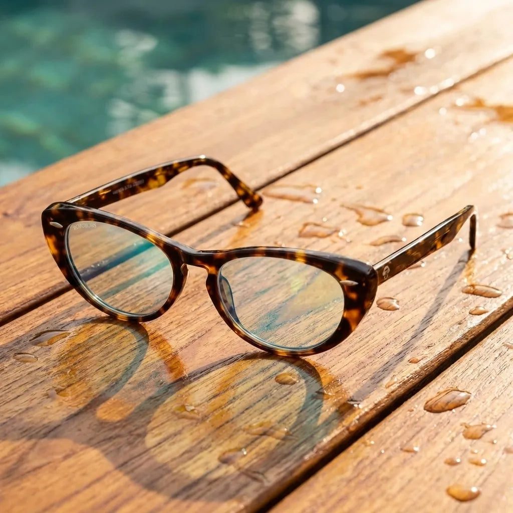 Lentes opticos Havana Carey sobre madera teca con gotas de agua antirreflex receta optica bio-acetato Bonoboss #editorial_teca-agua #color_carey