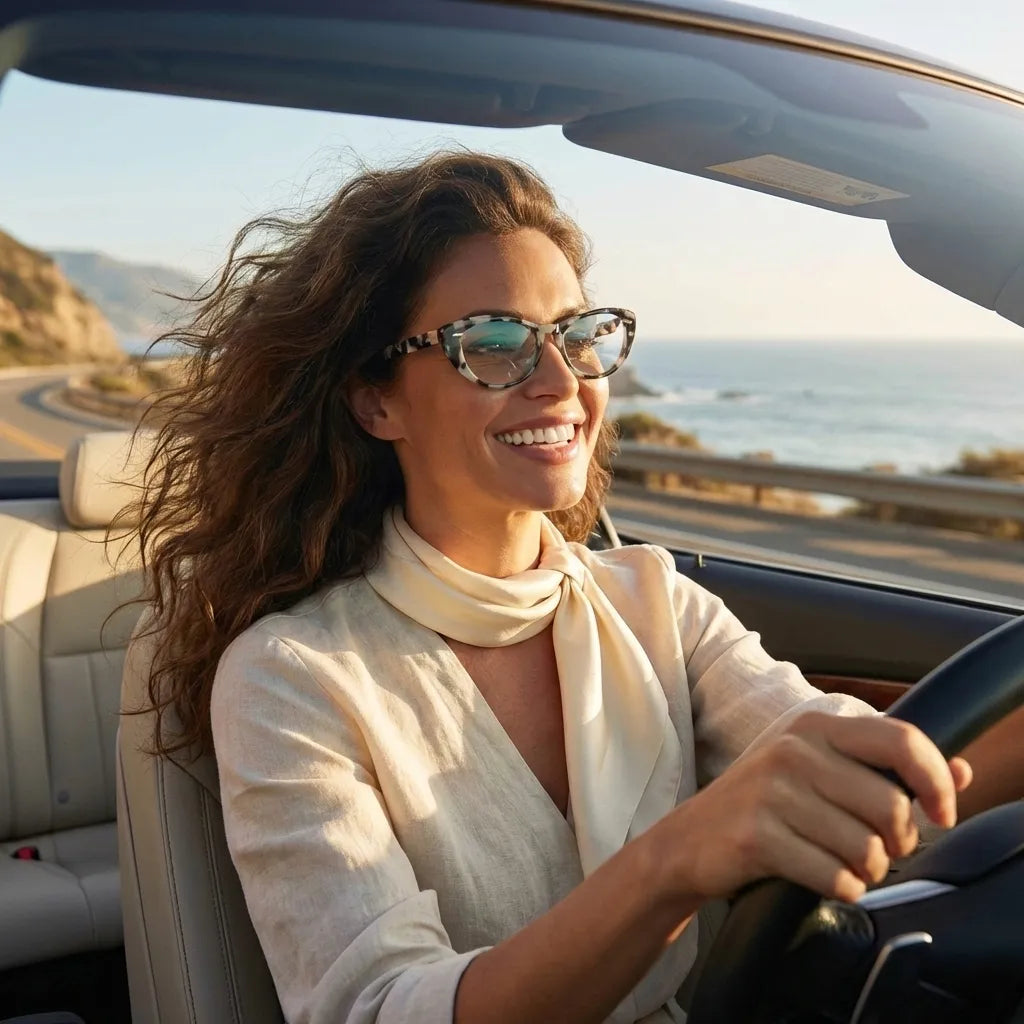 Lentes opticos Havana Marble mujer conduciendo proteccion visual antirreflex receta optica bio-acetato Bonoboss #editorial_mujer-driving #color_marble