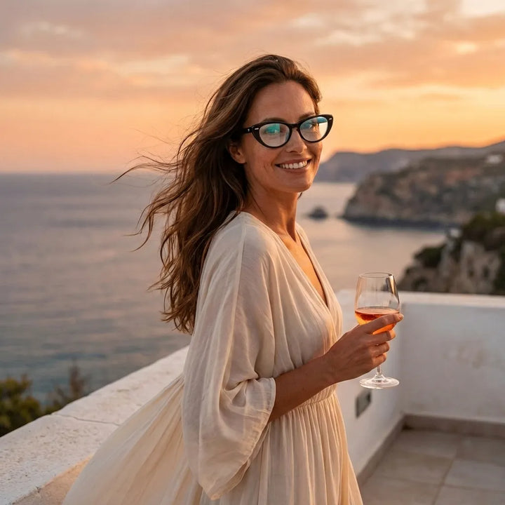 Lentes opticos Havana Negro mujer en playa arena oceano antirreflex receta optica bio-acetato Bonoboss #editorial_mujer-playa #color_negro