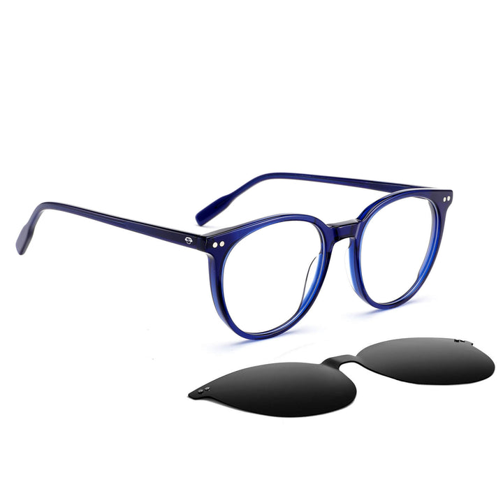 anteojos o marcos ópticos con iman o clip de sol polarizados de forma redondos para hombres y mujeres. Vista angulada y armazones de color blue #color_azul