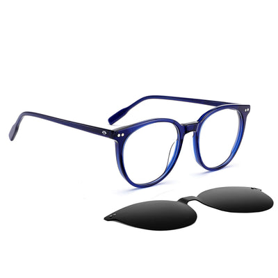 anteojos o marcos ópticos con iman o clip de sol polarizados de forma redondos para hombres y mujeres. Vista angulada y armazones de color blue