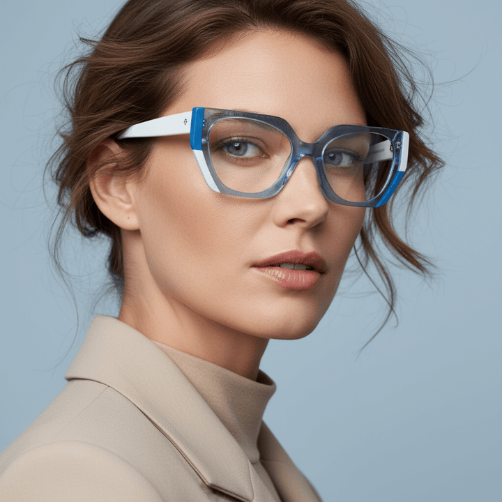 una modelo mujer de cara redonda usando anteojos oversized grandes xl agatados de diseñador de moda de #color_azul