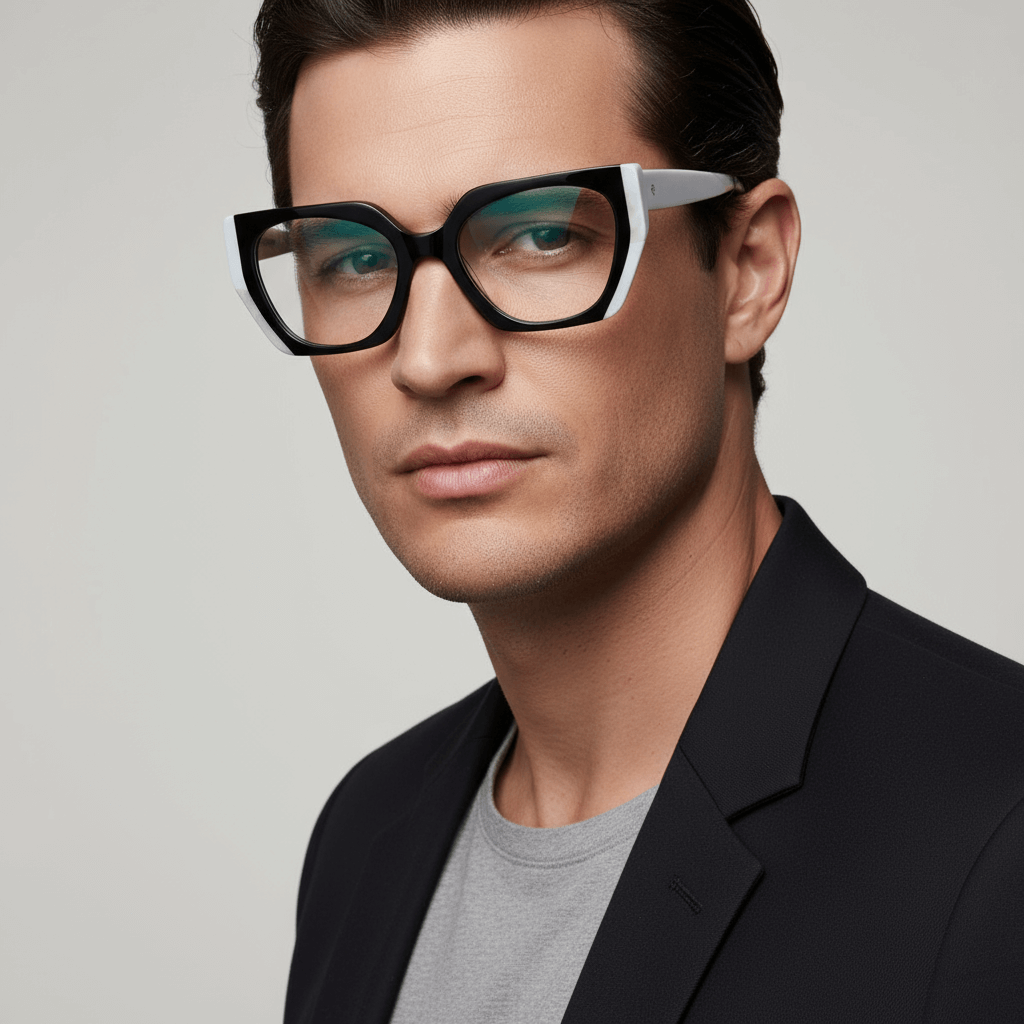 la vista lateral de un modelo hombre de cara redonda usando anteojos oversized grandes xl agatados de diseñador de moda de #color_negro