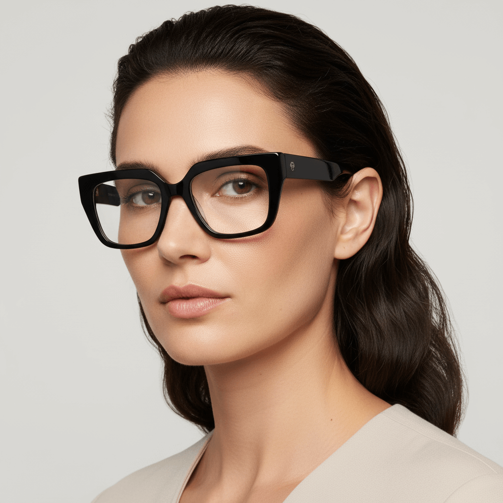 una mujer de cara ovalada ojos cafe y pelo suelto ondulado usando un anteojo o marco optico con receta de forma cuadrada rectangular de moda de tamaño grande y de color negro #color_negro