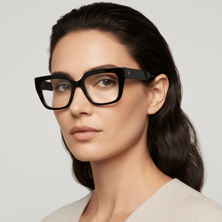 una mujer de cara ovalada ojos cafe y pelo suelto ondulado usando un anteojo o marco optico con receta de forma cuadrada rectangular de moda de tamaño grande y de color negro #color_negro
