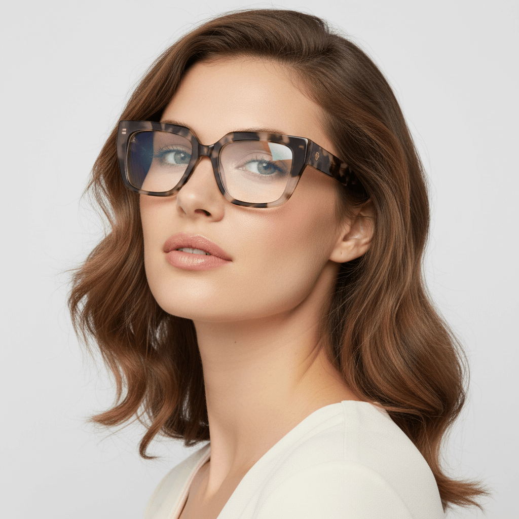 una modelo mujer de cara redonda ojos verdes y pelo suelto ondulado usando un anteojo o marco optico Bonoboss en acetato sustentable armazones opticos con receta de forma cuadrada rectangular de moda de tamaño grande y de color marble marmoleado #color_marble