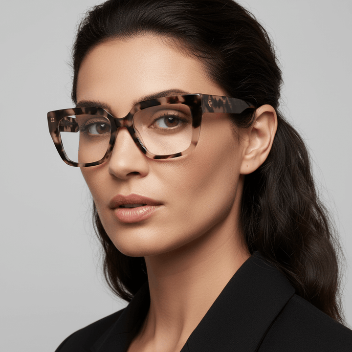 vista lateral de una modelo mujer de cara ovalada ojos cafe y pelo suelto ondulado usando un anteojo o marco optico Bonoboss en acetato sustentable armazones opticos con receta de forma cuadrada rectangular de moda de tamaño grande y de color marble marmoleado #color_marble