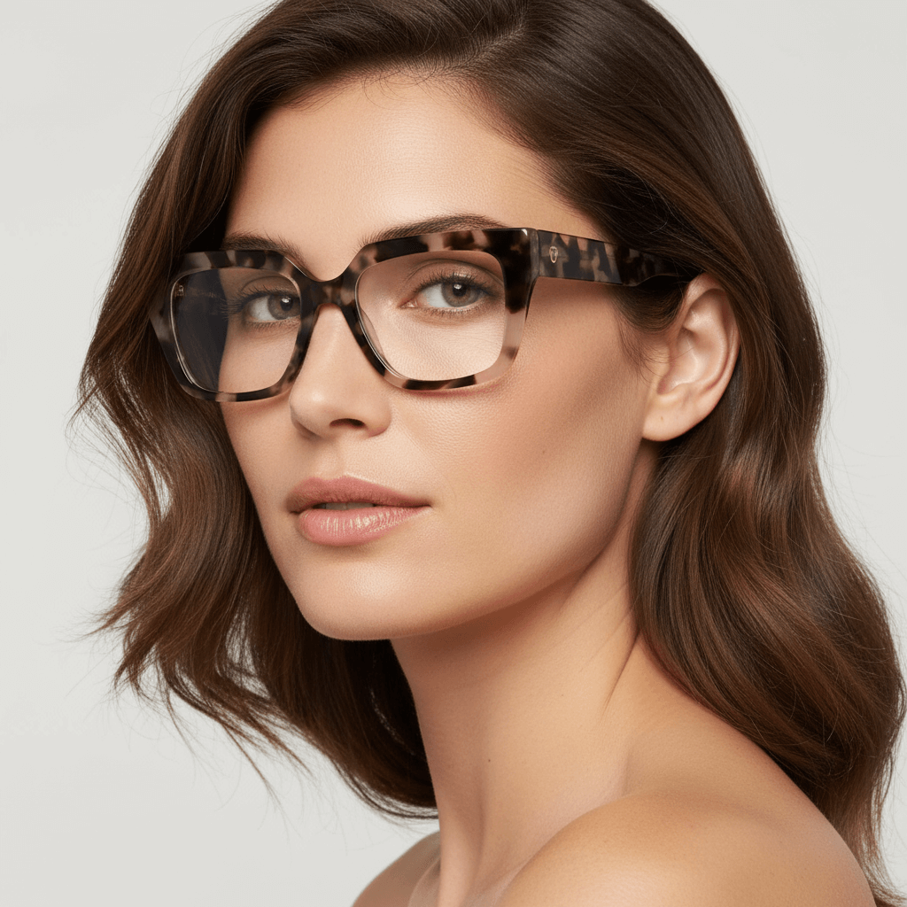 una modelo mujer de cara ovalada ojos cafe y pelo suelto ondulado usando un anteojo o marco optico Bonoboss en acetato sustentable armazones opticos con receta de forma cuadrada rectangular de moda de tamaño grande y de color carey jaspeado #color_carey
