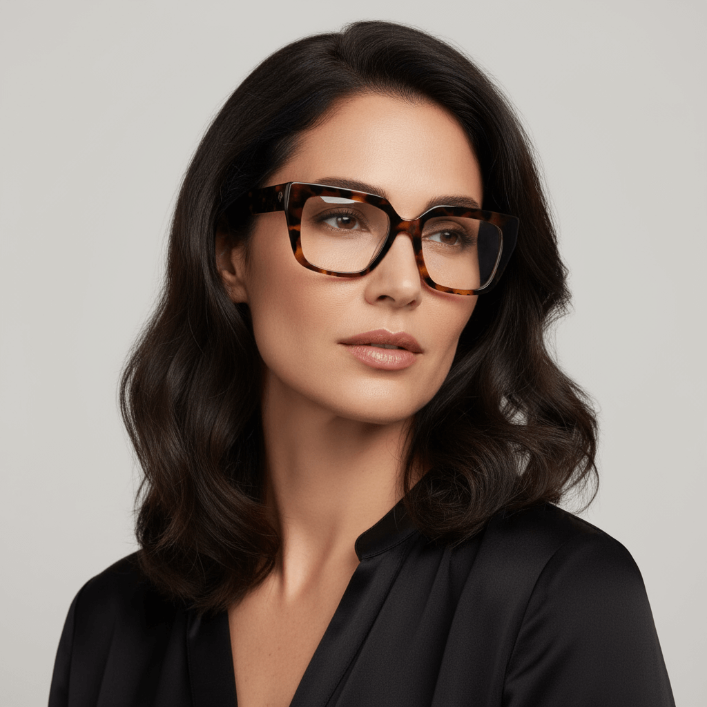 una modelo mujer de cara ovalada ojos cafe y pelo suelto ondulado usando un anteojo o marco optico Bonoboss en acetato sustentable armazones opticos con receta de forma cuadrada rectangular de moda de tamaño grande y de color carey jaspeado #color_carey