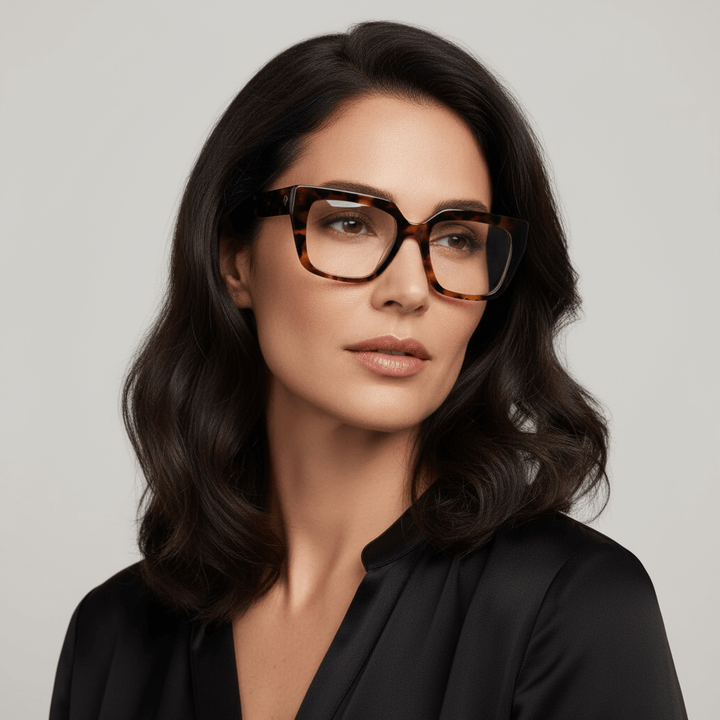 una modelo mujer de cara ovalada ojos cafe y pelo suelto ondulado usando un anteojo o marco optico Bonoboss en acetato sustentable armazones opticos con receta de forma cuadrada rectangular de moda de tamaño grande y de color carey jaspeado #color_carey