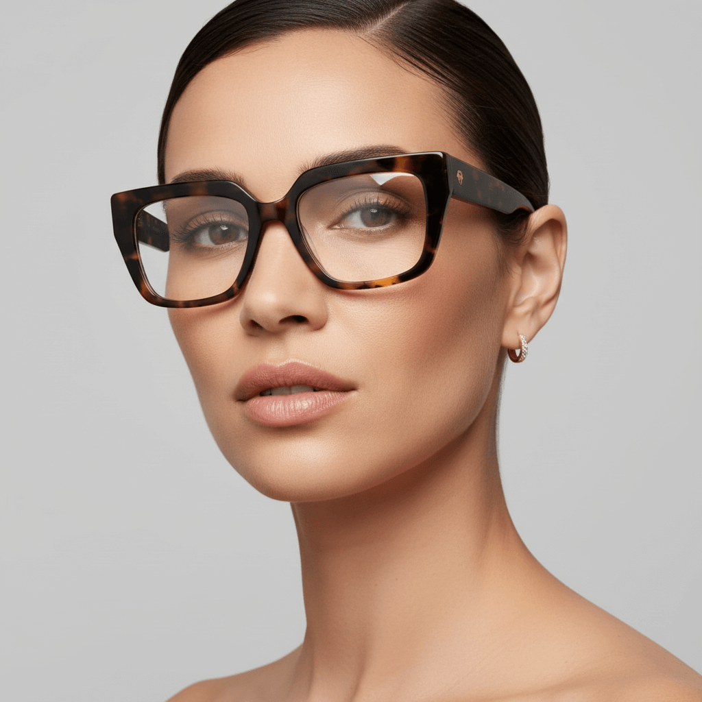 una modelo mujer de cara ovalada ojos cafe y pelo suelto ondulado usando un anteojo o marco optico Bonoboss en acetato sustentable armazones opticos con receta de forma cuadrada rectangular de moda de tamaño grande y de color carey jaspeado #color_carey