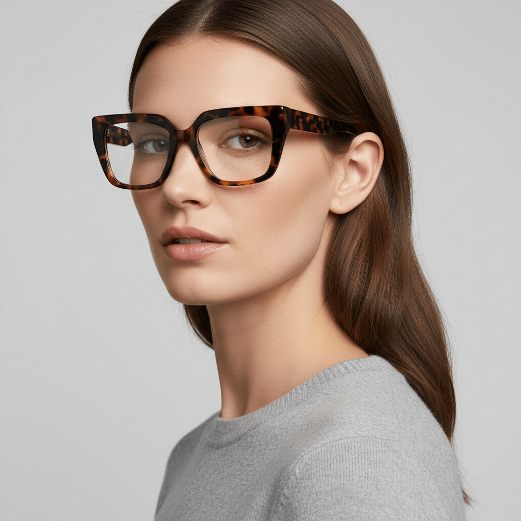 una modelo mujer de cara ovalada ojos cafe y pelo suelto ondulado usando un anteojo o marco optico Bonoboss en acetato sustentable armazones opticos con receta de forma cuadrada rectangular de moda de tamaño grande y de color carey jaspeado #color_carey