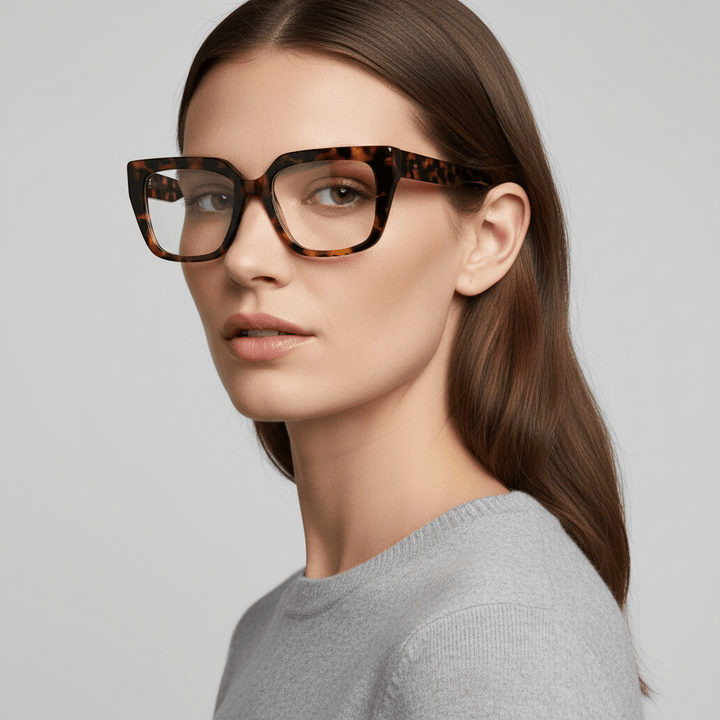 una modelo mujer de cara ovalada ojos cafe y pelo suelto ondulado usando un anteojo o marco optico Bonoboss en acetato sustentable armazones opticos con receta de forma cuadrada rectangular de moda de tamaño grande y de color carey jaspeado #color_carey