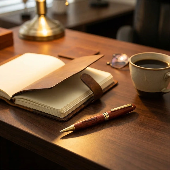 Lápiz de madera premium sobre escritorio con notebook y café Bonoboss