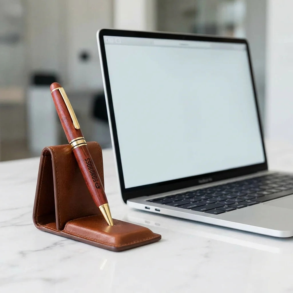Lápiz de madera premium workspace minimalista con laptop Bonoboss