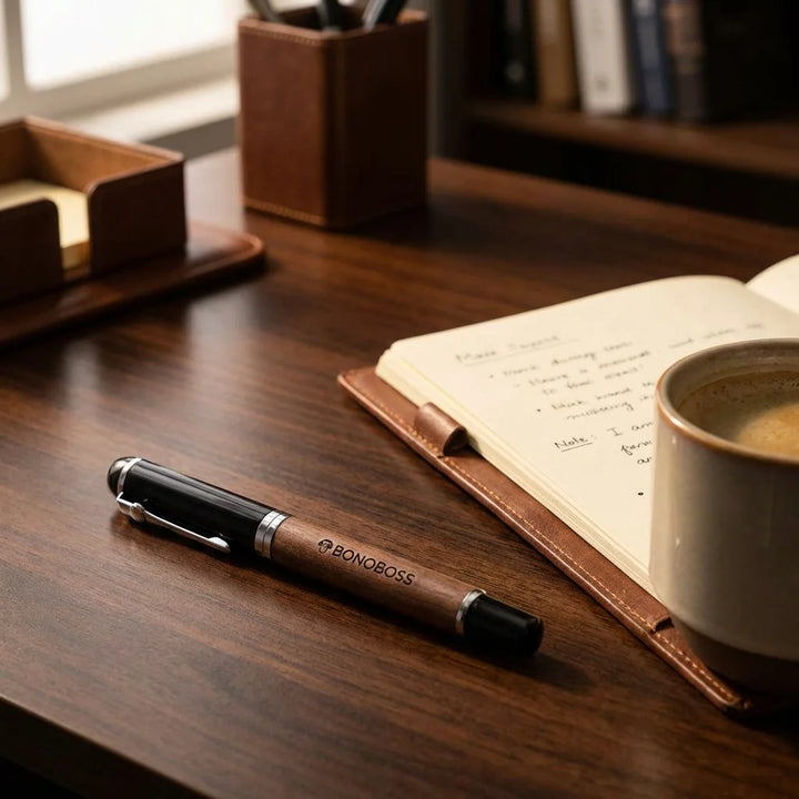 Lápiz de madera premium sobre escritorio con notebook y café Bonoboss