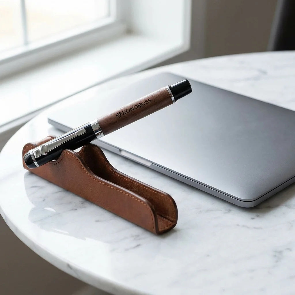 Lápiz de madera premium workspace minimalista con laptop Bonoboss
