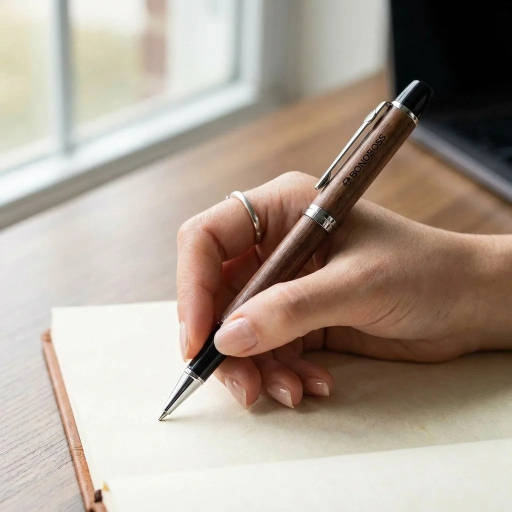 Lápiz de madera premium mano escribiendo en journal close-up Bonoboss