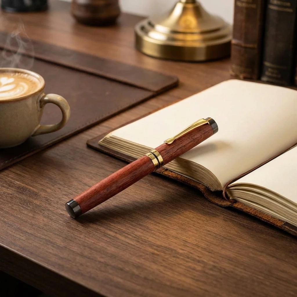 Lápiz de madera premium sobre escritorio con notebook y café Bonoboss