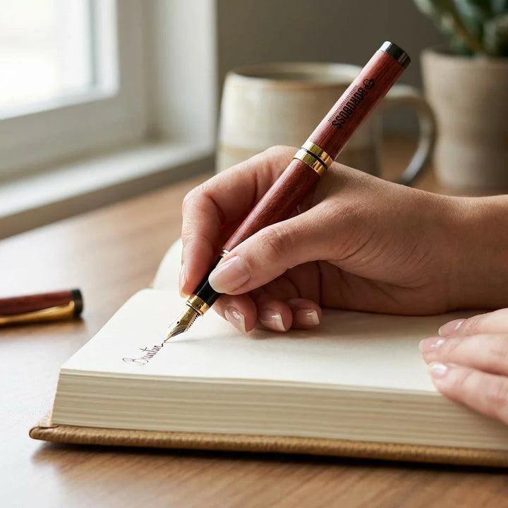 Lápiz de madera premium mano escribiendo en journal close-up Bonoboss