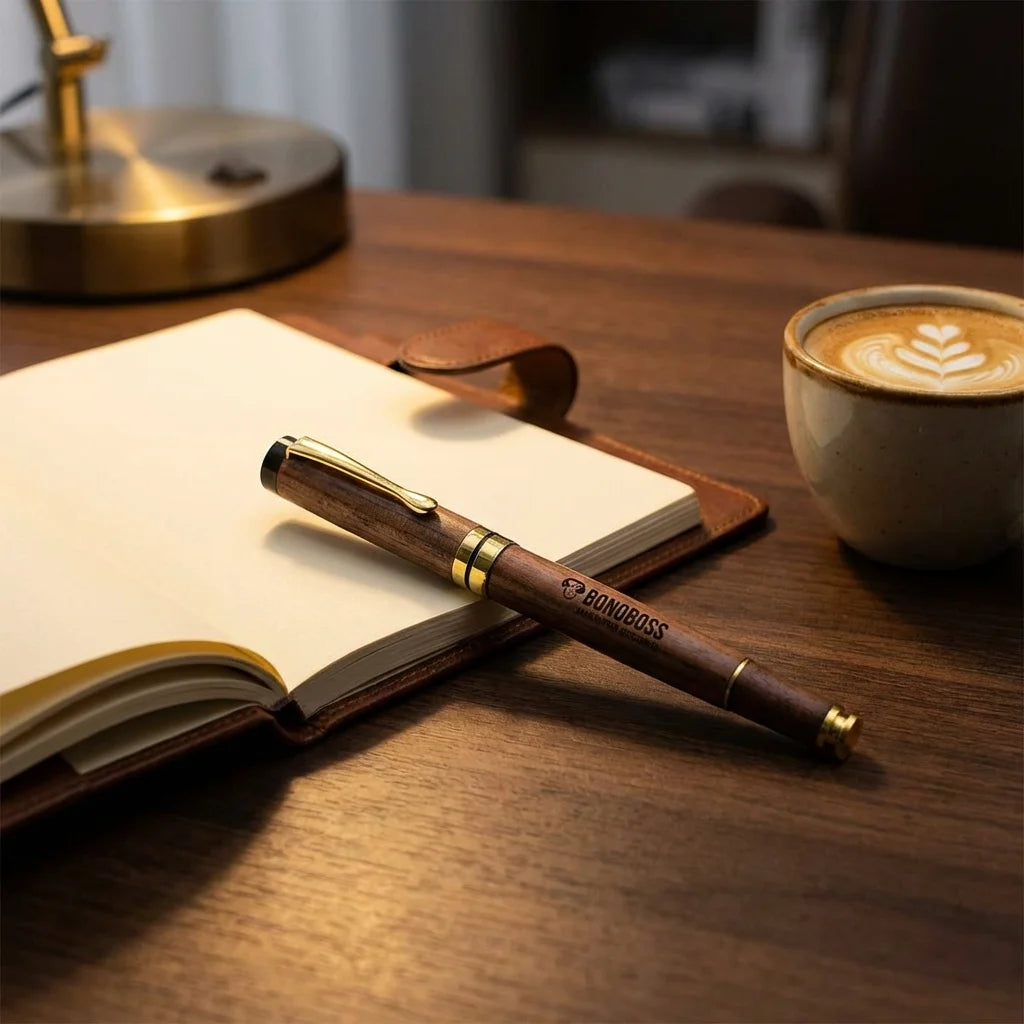 Lápiz de madera premium sobre escritorio con notebook y café Bonoboss