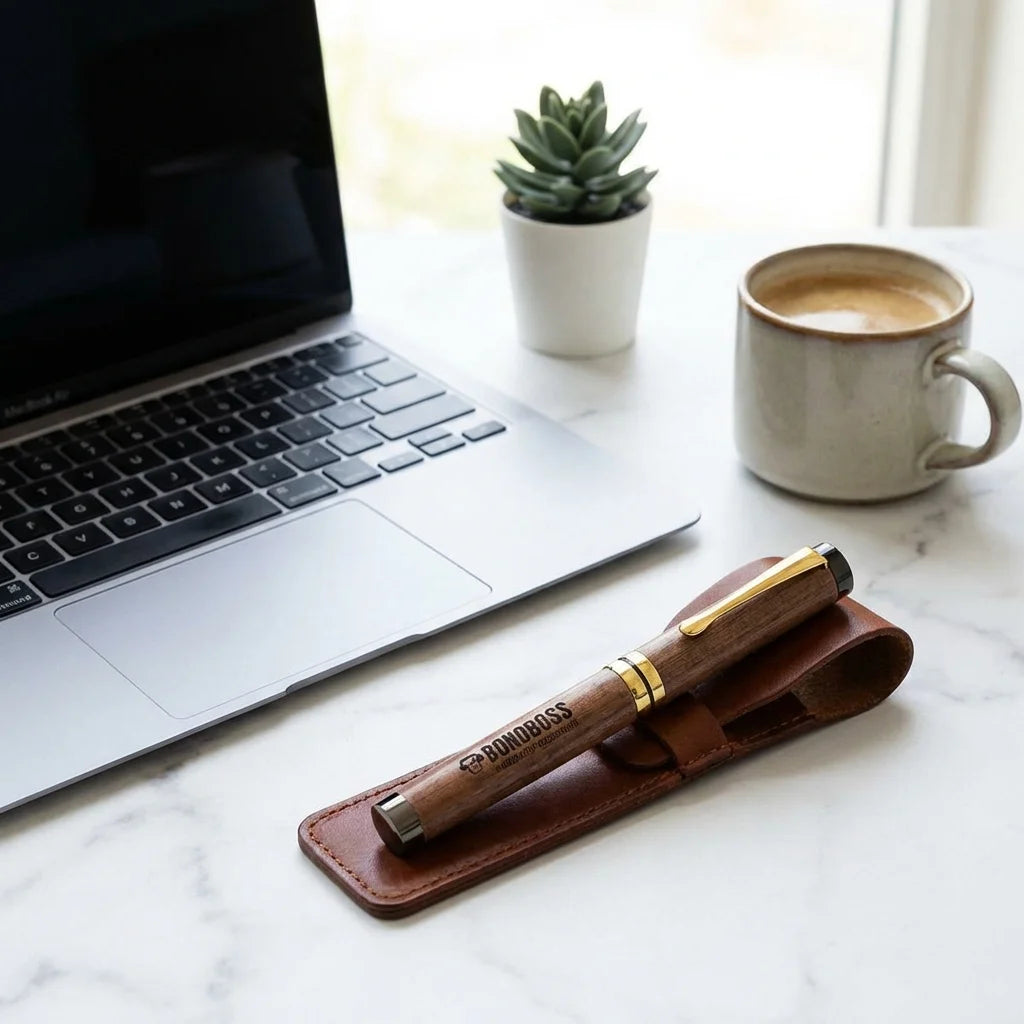 Lápiz de madera premium workspace minimalista con laptop Bonoboss