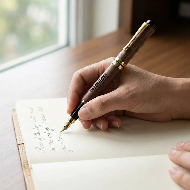 Lápiz de madera premium mano escribiendo en journal close-up Bonoboss