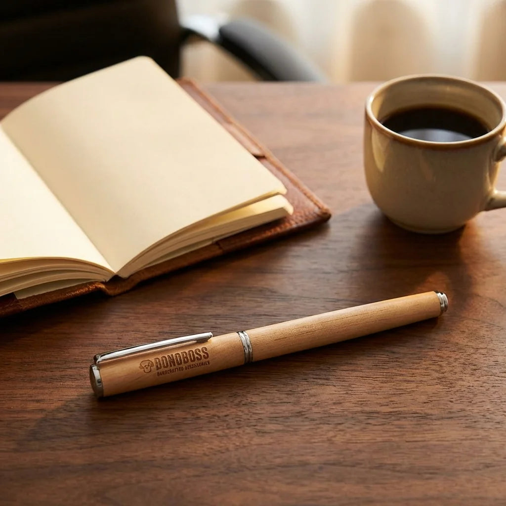 Lápiz de madera premium sobre escritorio con notebook y café Bonoboss