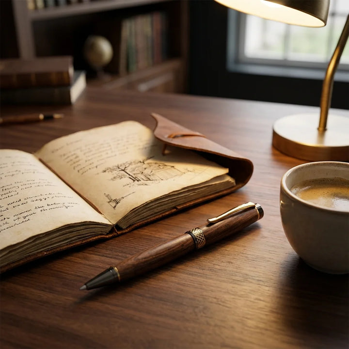 Lápiz de madera premium sobre escritorio con notebook y café Bonoboss