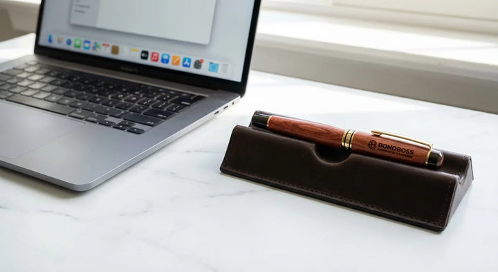 Lápiz de madera premium workspace minimalista con laptop Bonoboss