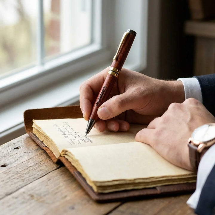 Lápiz de madera premium mano escribiendo en journal close-up Bonoboss