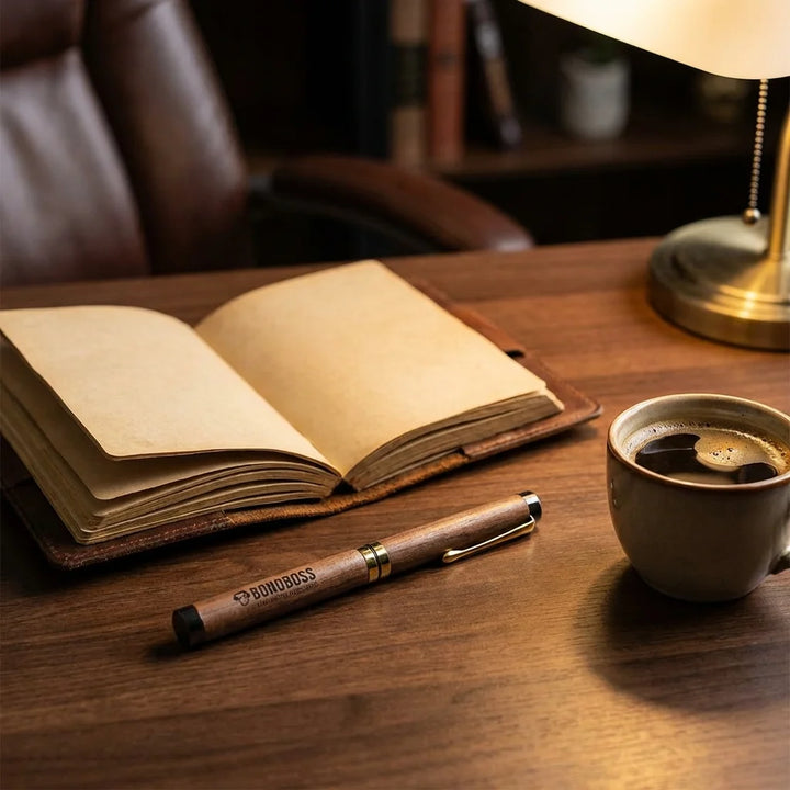 Lápiz de madera premium sobre escritorio con notebook y café Bonoboss