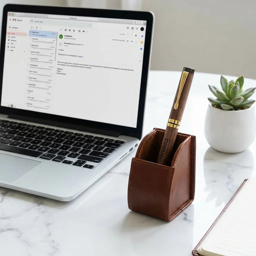 Lápiz de madera premium workspace minimalista con laptop Bonoboss