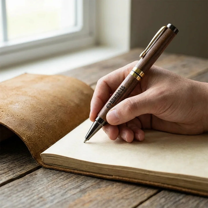 Lápiz de madera premium mano escribiendo en journal close-up Bonoboss
