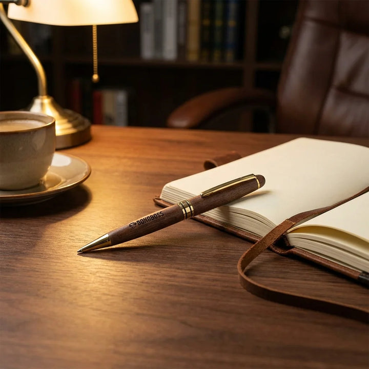 Lápiz de madera premium sobre escritorio con notebook y café Bonoboss