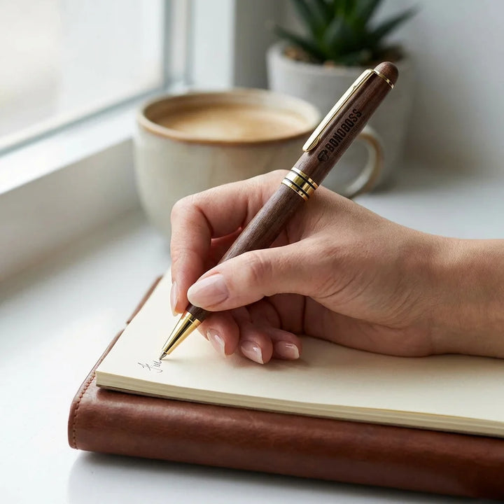 Lápiz de madera premium mano escribiendo en journal close-up Bonoboss