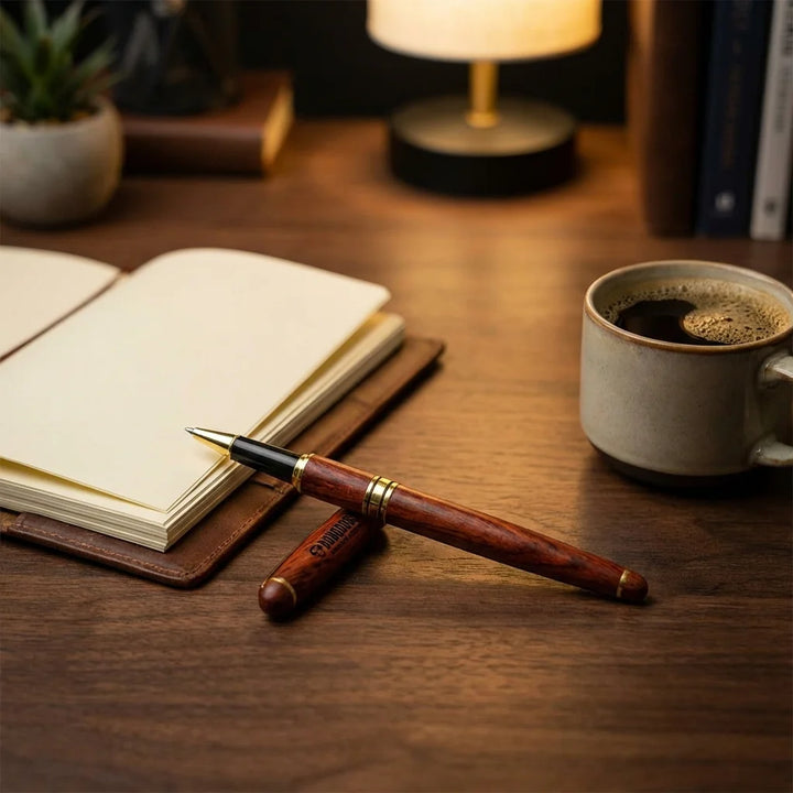 Lápiz de madera premium sobre escritorio con notebook y café Bonoboss