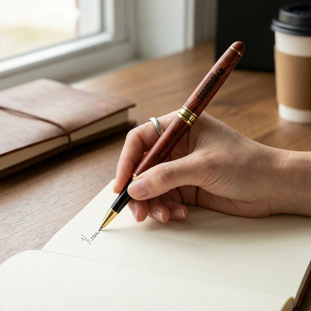Lápiz de madera premium mano escribiendo en journal close-up Bonoboss