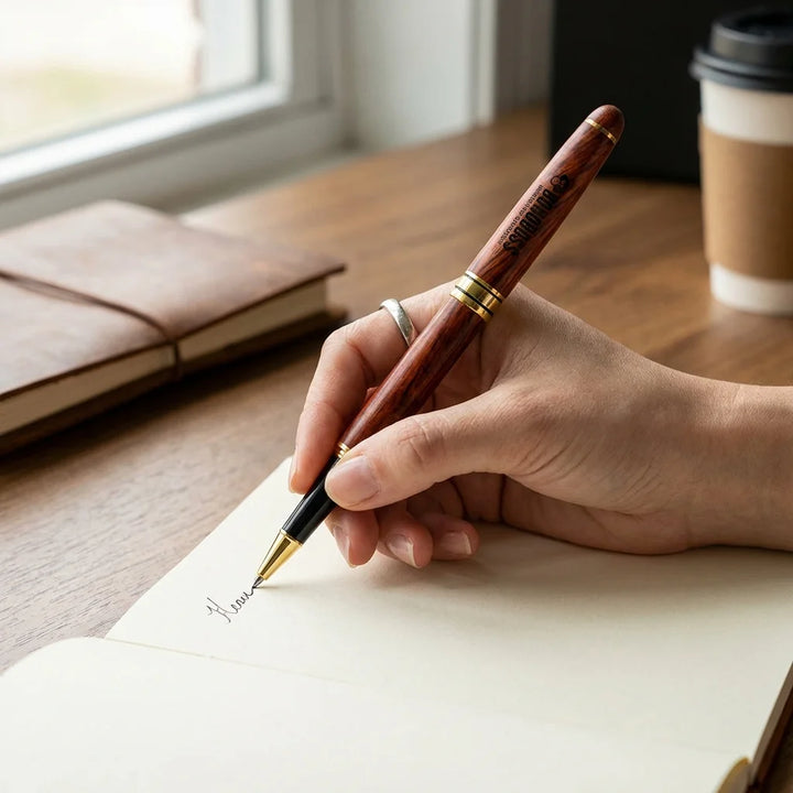 Lápiz de madera premium mano escribiendo en journal close-up Bonoboss